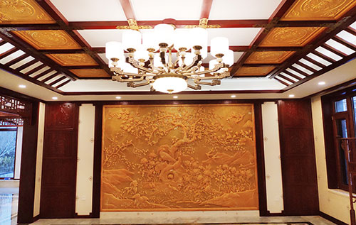 白塔中式别墅客厅中式木作横梁吊顶装饰展示